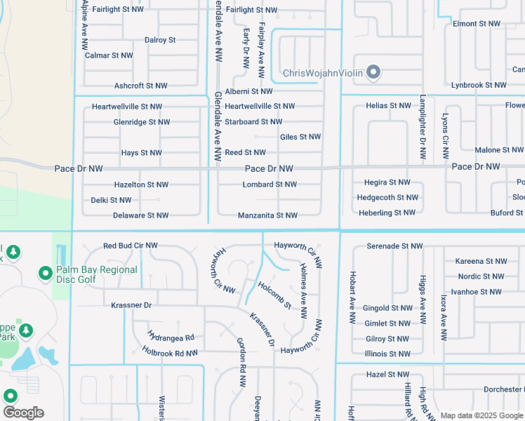 map of restaurants, bars, coffee shops, grocery stores, and more near 1542 Manzanita Street Northwest in Palm Bay