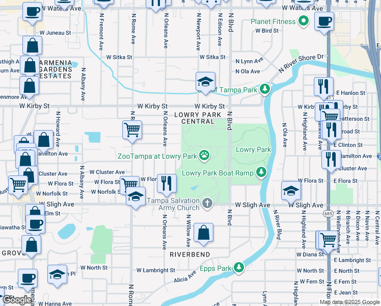 map of restaurants, bars, coffee shops, grocery stores, and more near 1101 West Sligh Avenue in Tampa