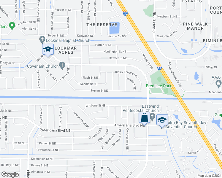 map of restaurants, bars, coffee shops, grocery stores, and more near 795 Hunan Street Northeast in Palm Bay