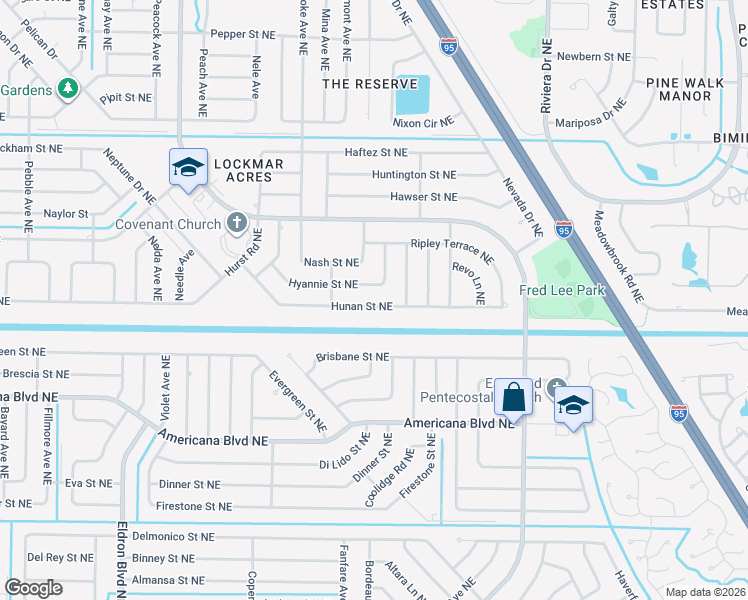 map of restaurants, bars, coffee shops, grocery stores, and more near 768 Hunan Street Northeast in Palm Bay