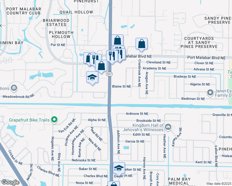 map of restaurants, bars, coffee shops, grocery stores, and more near 1682 Arcot Circle Northeast in Palm Bay