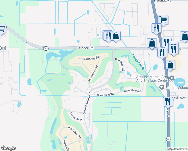 map of restaurants, bars, coffee shops, grocery stores, and more near 393 Troon Court in Winter Haven
