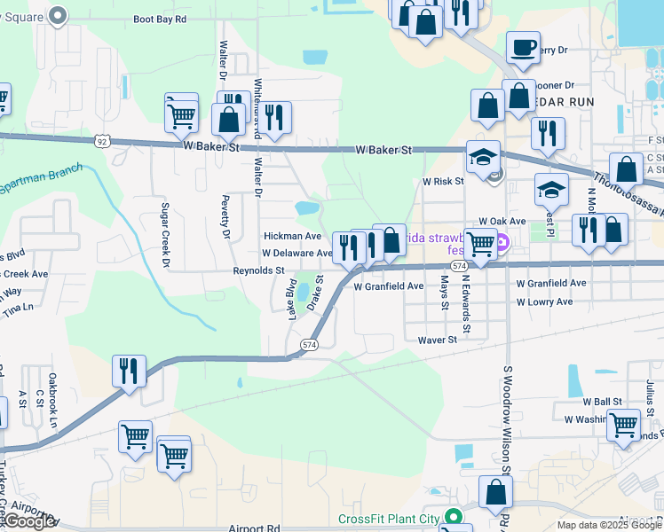 map of restaurants, bars, coffee shops, grocery stores, and more near 3105 Reynolds Street in Plant City