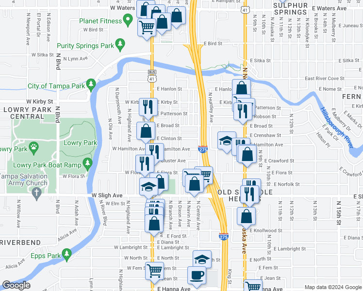 map of restaurants, bars, coffee shops, grocery stores, and more near 409 East Hamilton Avenue in Tampa