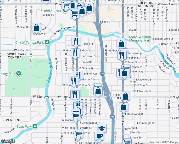 map of restaurants, bars, coffee shops, grocery stores, and more near 211 East Hamilton Avenue in Tampa