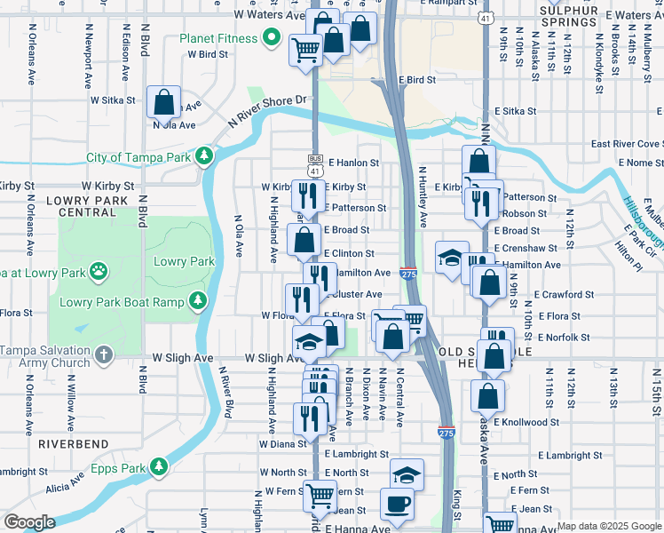 map of restaurants, bars, coffee shops, grocery stores, and more near 211 East Hamilton Avenue in Tampa