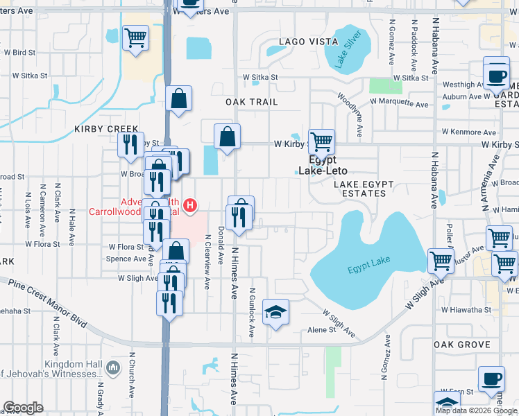 map of restaurants, bars, coffee shops, grocery stores, and more near 3439 Carlton Arms Drive in Tampa