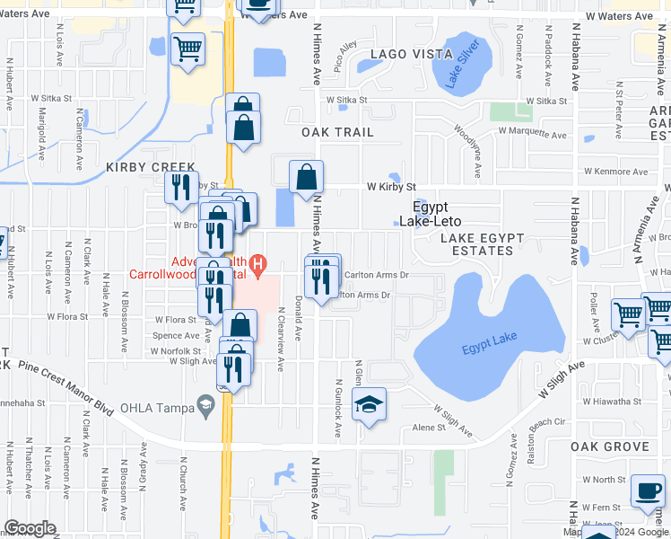 map of restaurants, bars, coffee shops, grocery stores, and more near 3439 Carlton Arms Drive in Tampa