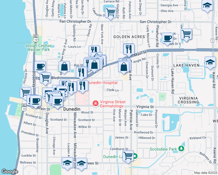map of restaurants, bars, coffee shops, grocery stores, and more near 871 New York Avenue in Dunedin