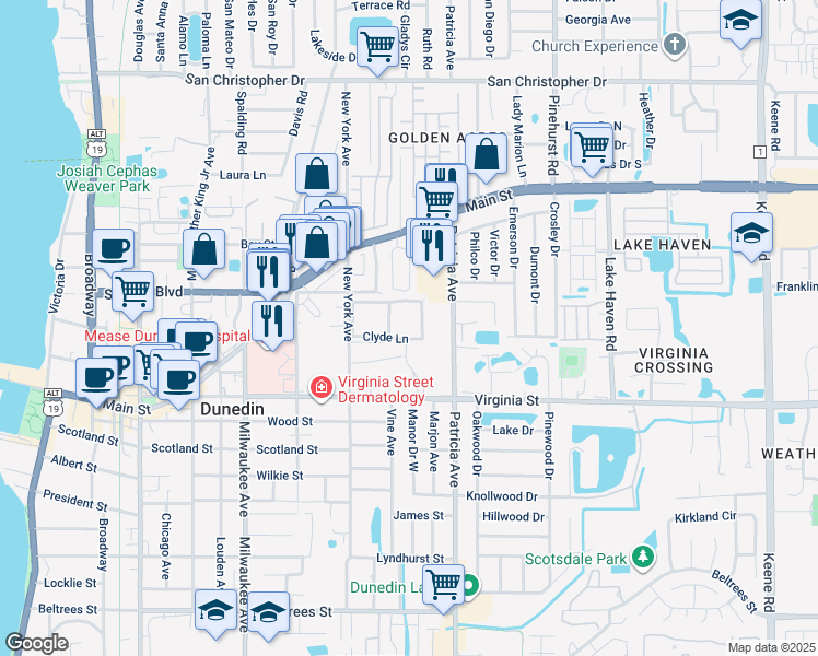 map of restaurants, bars, coffee shops, grocery stores, and more near 100 Clyde Lane in Dunedin