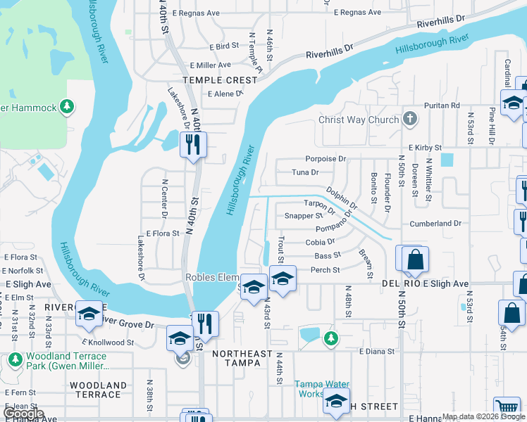 map of restaurants, bars, coffee shops, grocery stores, and more near 4122 Waterside Island Court in Tampa