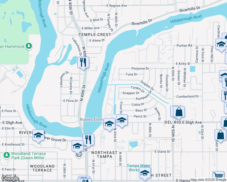map of restaurants, bars, coffee shops, grocery stores, and more near 4404 Tarpon Drive in Tampa