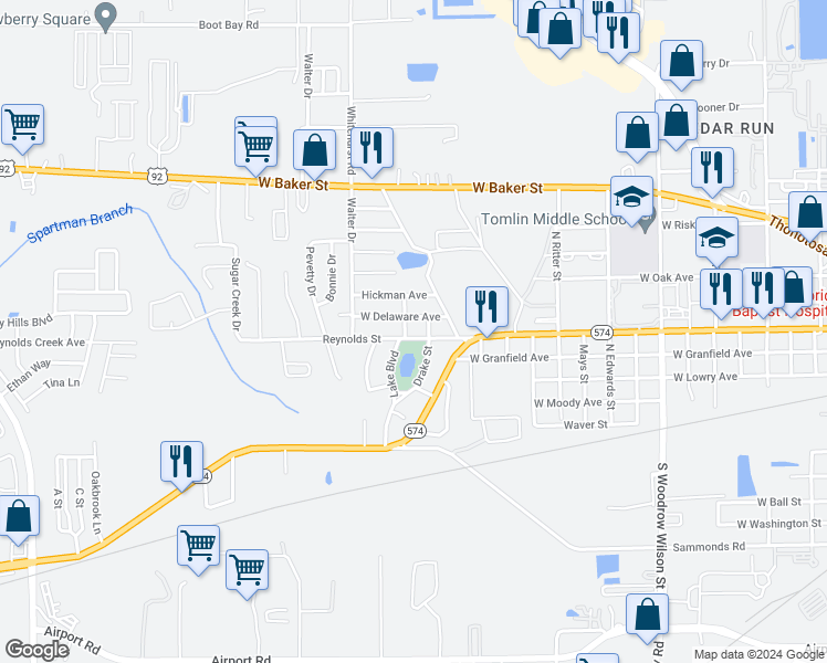 map of restaurants, bars, coffee shops, grocery stores, and more near 3208 Reynolds Street in Plant City