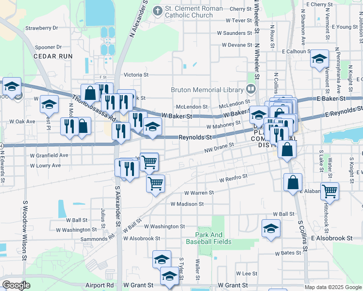 map of restaurants, bars, coffee shops, grocery stores, and more near 114 North Pearl Street in Plant City