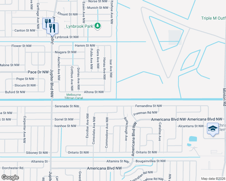 map of restaurants, bars, coffee shops, grocery stores, and more near 600 Altona Street Northwest in Palm Bay