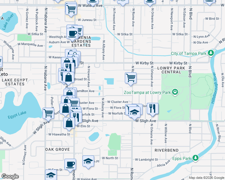 map of restaurants, bars, coffee shops, grocery stores, and more near 1901 West Crawford Street in Tampa