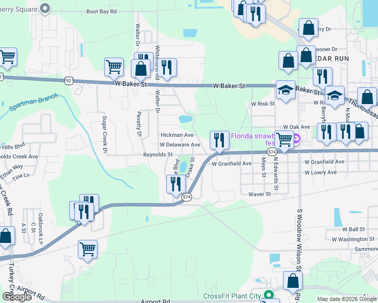 map of restaurants, bars, coffee shops, grocery stores, and more near 3204 West Reynolds Street in Plant City