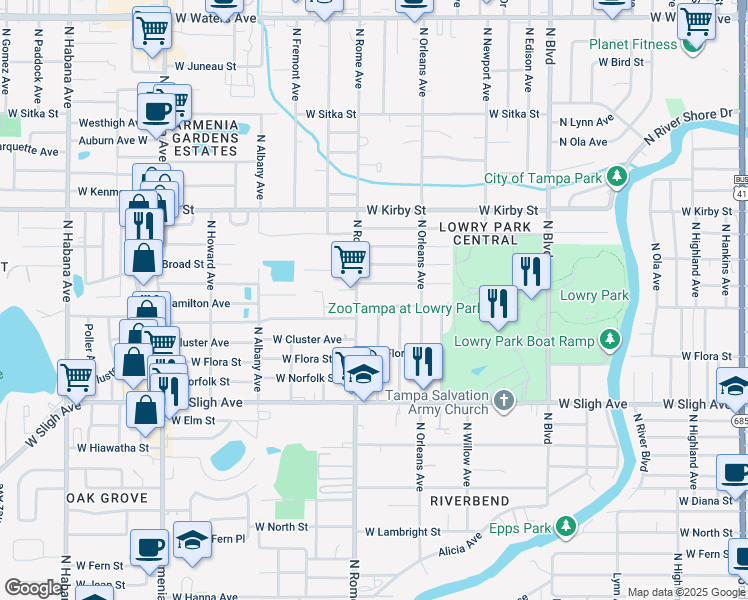 map of restaurants, bars, coffee shops, grocery stores, and more near 7117 North Rome Avenue in Tampa