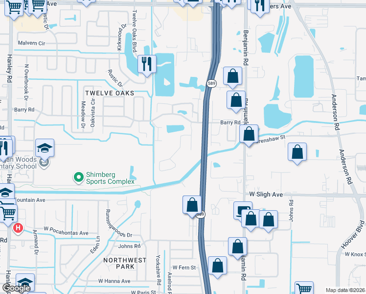 map of restaurants, bars, coffee shops, grocery stores, and more near 6038 Lanshire Drive in Tampa