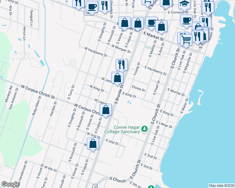 map of restaurants, bars, coffee shops, grocery stores, and more near 1213 South Bronte Street in Rockport