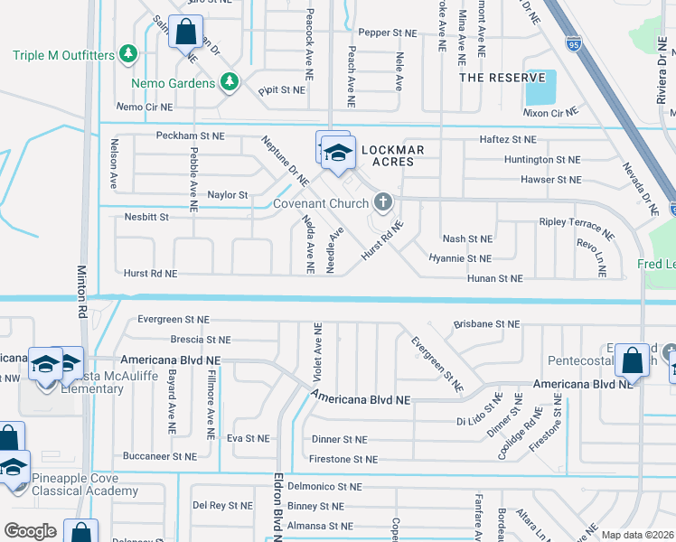map of restaurants, bars, coffee shops, grocery stores, and more near 450 Hurst Road Northeast in Palm Bay