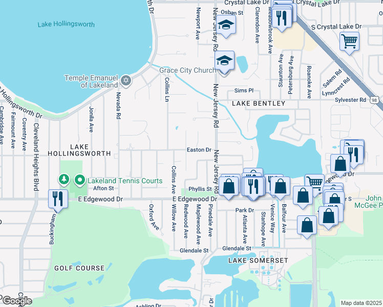map of restaurants, bars, coffee shops, grocery stores, and more near 1419 Easton Drive in Lakeland
