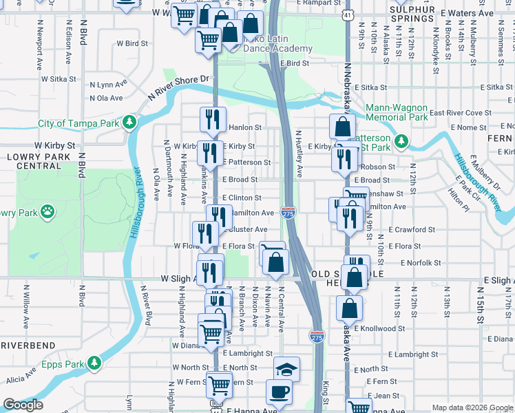 map of restaurants, bars, coffee shops, grocery stores, and more near 409 East Hamilton Avenue in Tampa