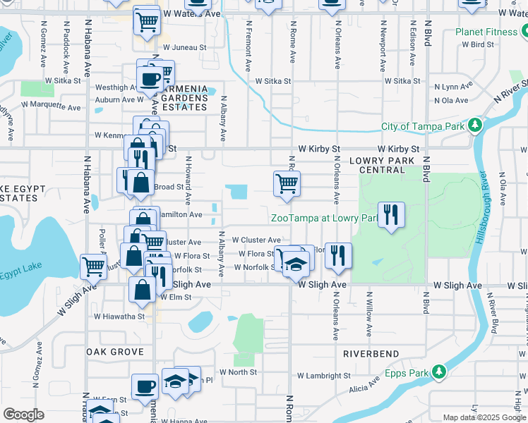 map of restaurants, bars, coffee shops, grocery stores, and more near 1801 West Crawford Street in Tampa