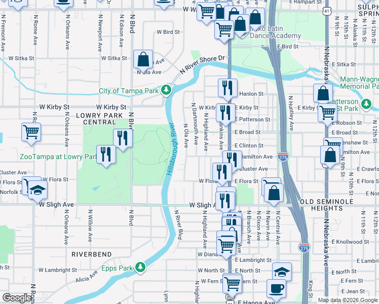 map of restaurants, bars, coffee shops, grocery stores, and more near 7216 North Highland Avenue in Tampa