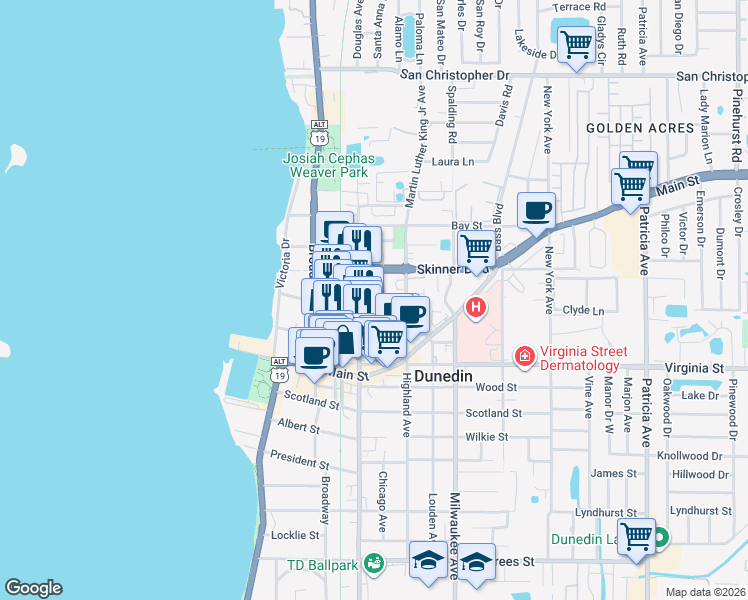 map of restaurants, bars, coffee shops, grocery stores, and more near 966 Douglas Avenue in Dunedin