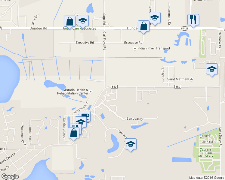 map of restaurants, bars, coffee shops, grocery stores, and more near 264 Las Flores in Winter Haven