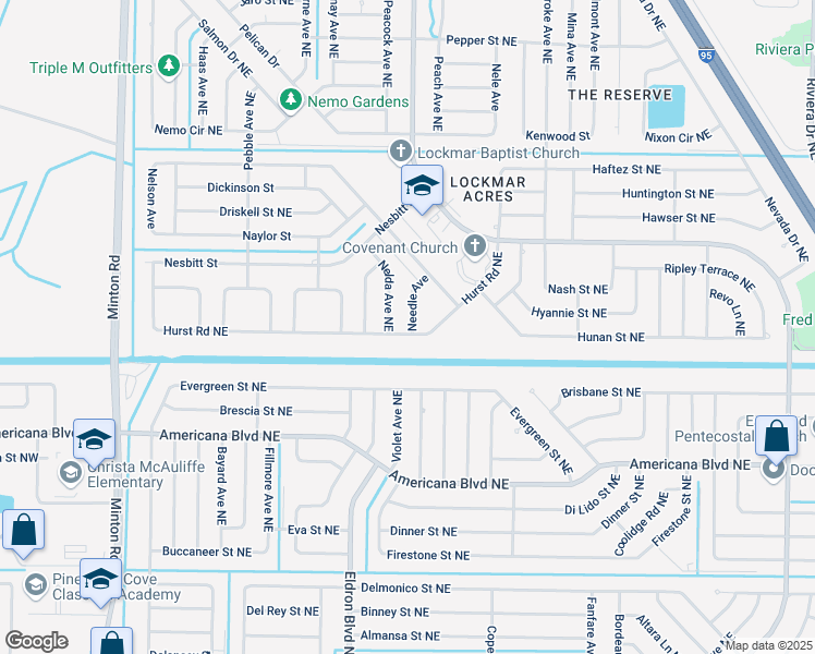 map of restaurants, bars, coffee shops, grocery stores, and more near 702 Needle Avenue in Palm Bay