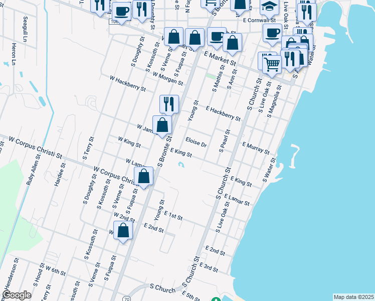 map of restaurants, bars, coffee shops, grocery stores, and more near 510 East King Street in Rockport