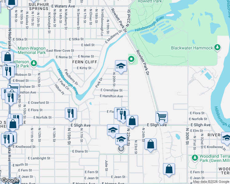 map of restaurants, bars, coffee shops, grocery stores, and more near 1919 East Hamilton Avenue in Tampa