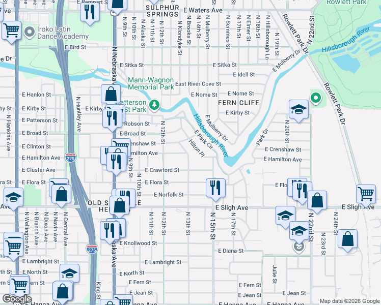 map of restaurants, bars, coffee shops, grocery stores, and more near 7203 North 13th Street in Tampa