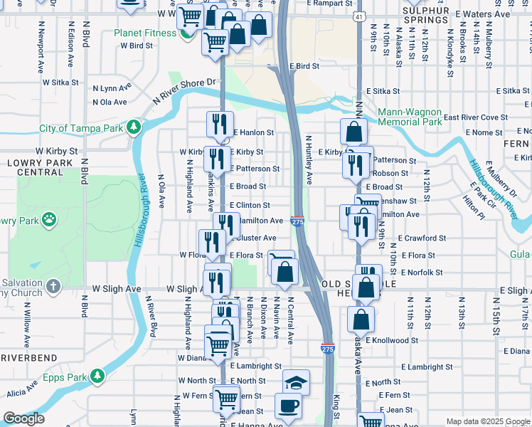 map of restaurants, bars, coffee shops, grocery stores, and more near 409 East Hamilton Avenue in Tampa