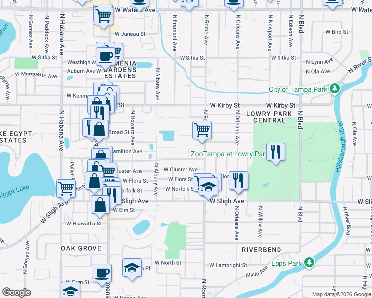 map of restaurants, bars, coffee shops, grocery stores, and more near 1801 West Crawford Street in Tampa