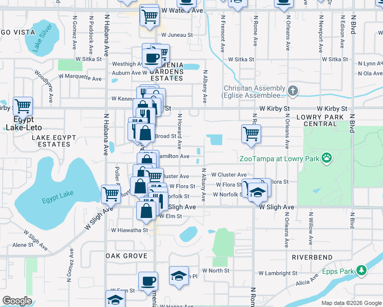 map of restaurants, bars, coffee shops, grocery stores, and more near 7201 North Howard Avenue in Tampa