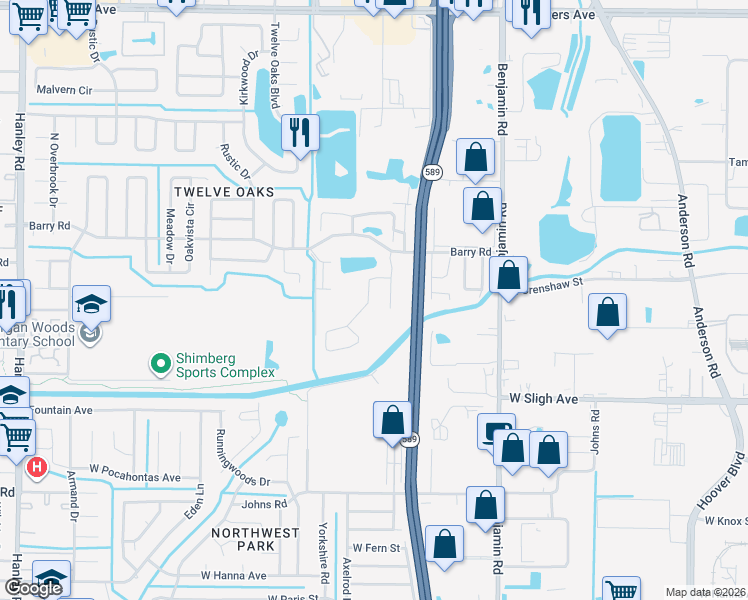 map of restaurants, bars, coffee shops, grocery stores, and more near 6038 Lanshire Drive in Tampa