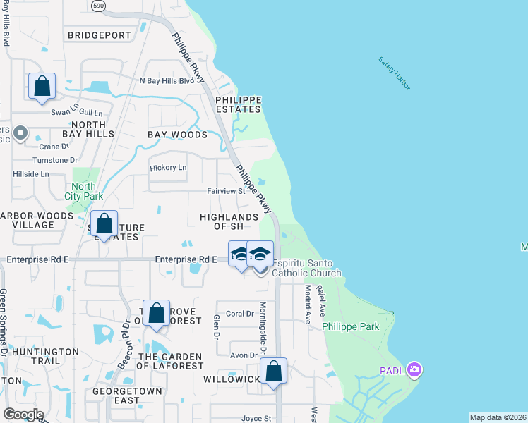 map of restaurants, bars, coffee shops, grocery stores, and more near 2555 Philippe Parkway in Safety Harbor