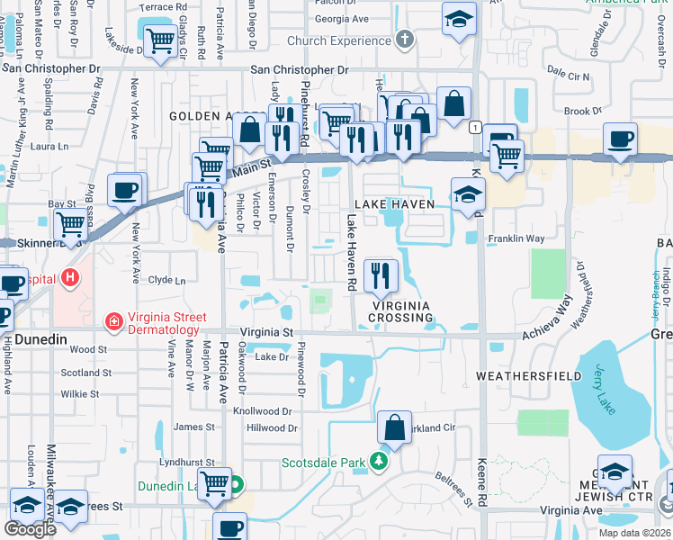 map of restaurants, bars, coffee shops, grocery stores, and more near 1089 Loch Haven Drive South in Dunedin