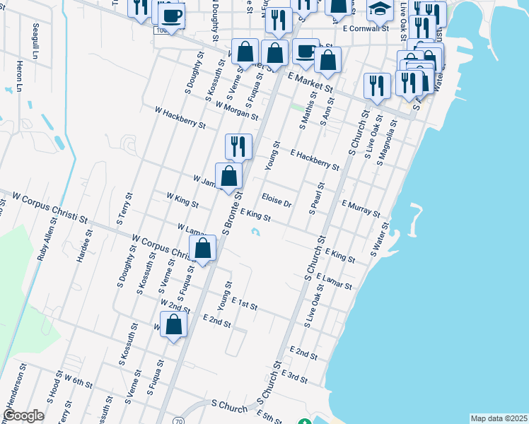 map of restaurants, bars, coffee shops, grocery stores, and more near 510 East King Street in Rockport