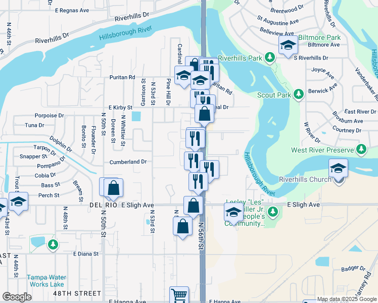map of restaurants, bars, coffee shops, grocery stores, and more near 7402 North 56th Street in Tampa