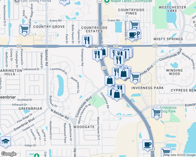 map of restaurants, bars, coffee shops, grocery stores, and more near 2555 Enterprise Road in Clearwater