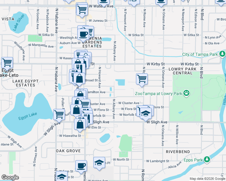 map of restaurants, bars, coffee shops, grocery stores, and more near 2101 West Crawford Street in Tampa