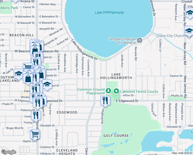 map of restaurants, bars, coffee shops, grocery stores, and more near 2424 Cleveland Heights Boulevard in Lakeland