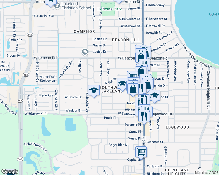 map of restaurants, bars, coffee shops, grocery stores, and more near 529 West Palmeden Drive in Lakeland