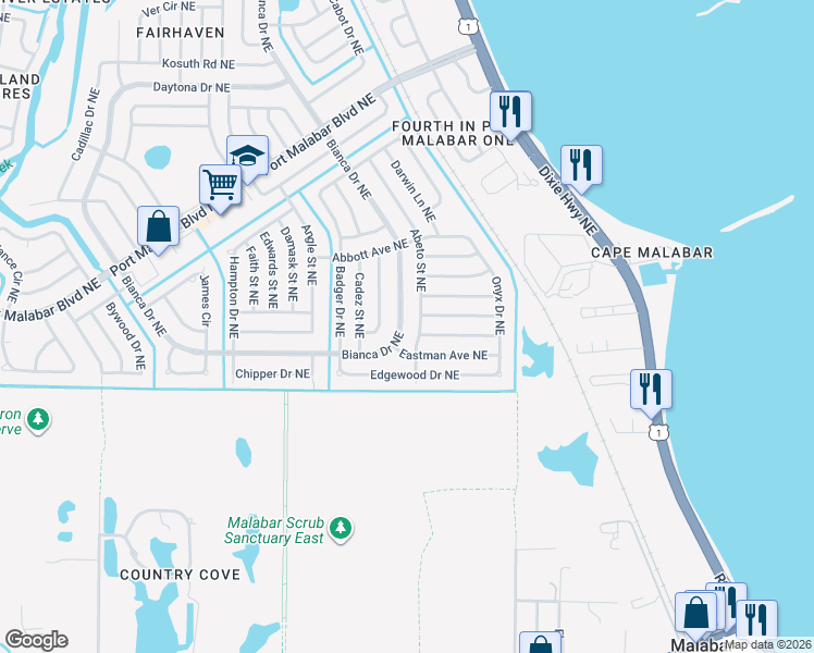 map of restaurants, bars, coffee shops, grocery stores, and more near 710 Abeto Street Northeast in Palm Bay