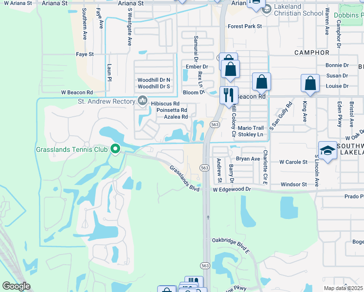 map of restaurants, bars, coffee shops, grocery stores, and more near 632 Grasslands Village Circle in Lakeland