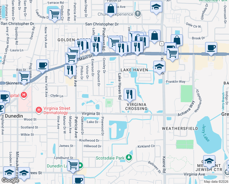 map of restaurants, bars, coffee shops, grocery stores, and more near 1092 Loch Haven Drive North in Dunedin